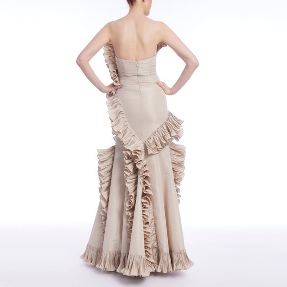 Badgley Mischka | Strapless Pleated Ruffle Taffeta Gown | NWT - Picture 3 of 11